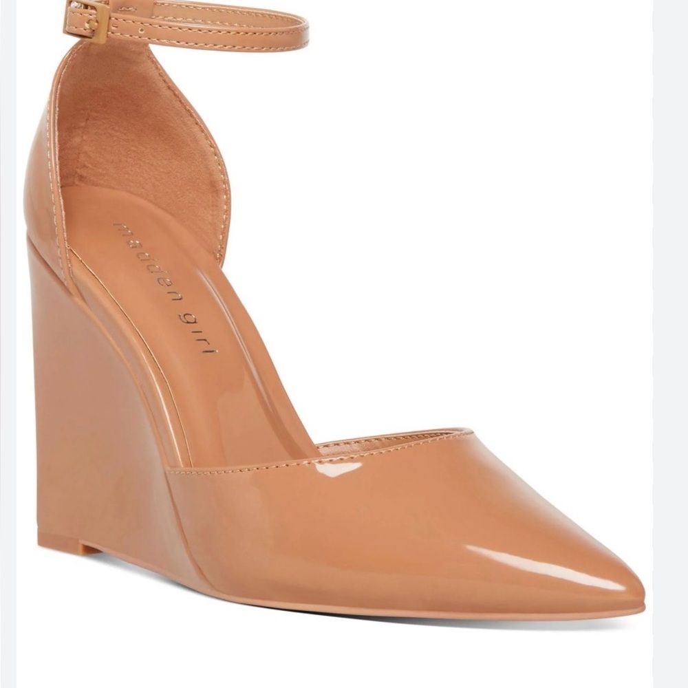 Madden Girl Tan Patent Ankle-Strap Wedge
